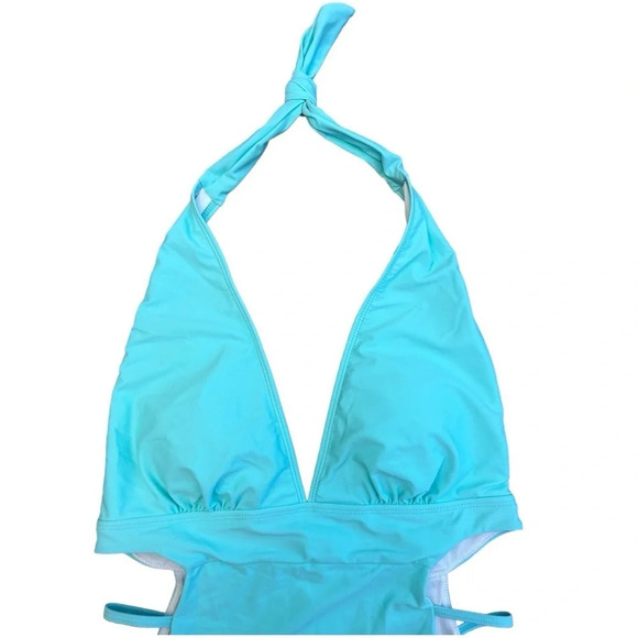 Tempt Me Plunge V Neck Halter Swimsuit Cut Out Sides Open Back Aqua - Picture 6 of 10